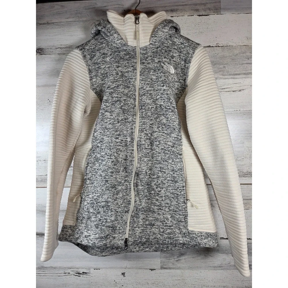 The North Face Womens Small/P Gray‎ Cream Full Zip Hooded Jacket Fleece Knit